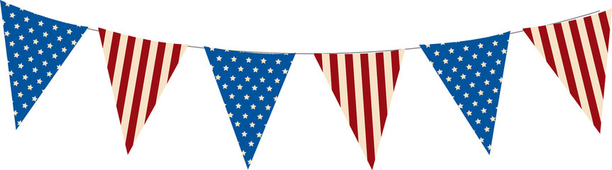 Flat design bunting is hanging on transparent bg with thin cord and star-spangled striped flags