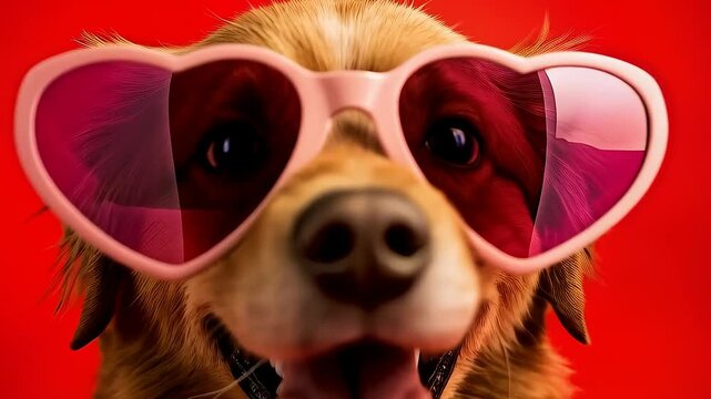 Happy Dog with Heart-Shaped Sunglasses. A delightful close-up of a happy, medium-sized dog wearing pink, heart-shaped sunglasses. The dog is smiling broadly with its tongue visible, set against a soli