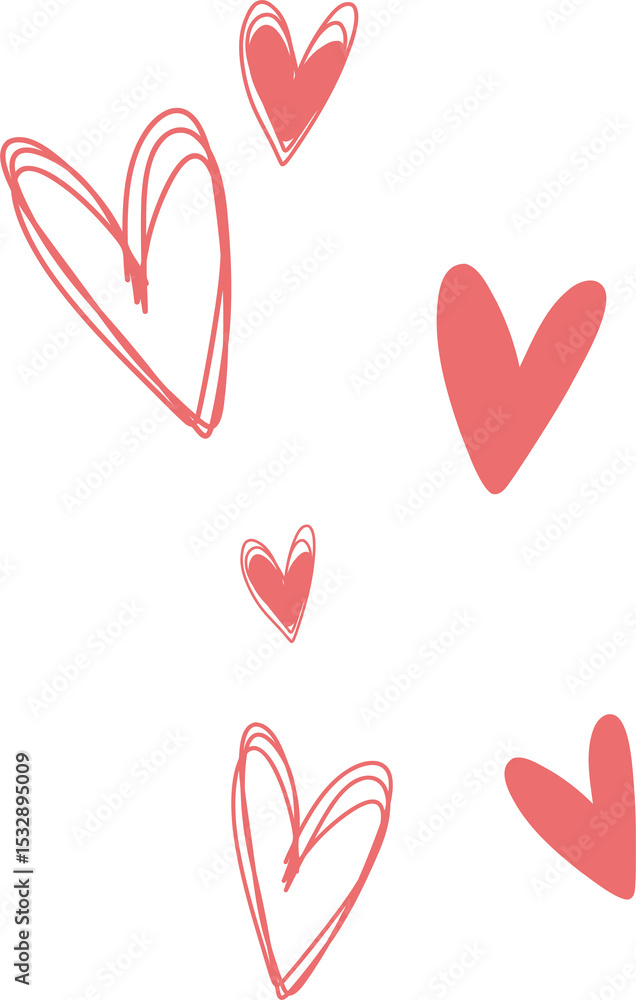Poster abstract heart shapes are floating on transparent canvas in flat design with solid fills outlines