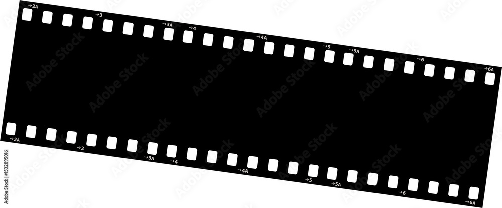 Aufkleber showing flat film strip segment with sprocket holes and frame numbers on transparent background