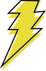 Flat vector showing yellow lightning bolt with black outline on transparent background, copy space