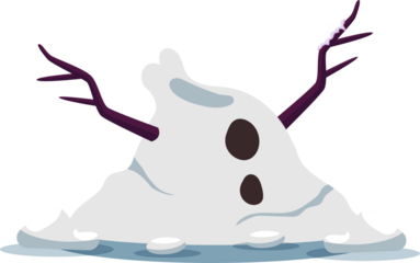 Flat style melted snowman is resting on transparent background, with coal features and twig arms