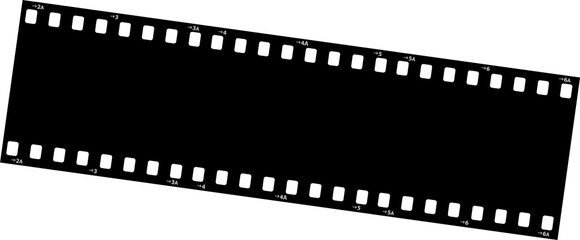 Showing flat film strip segment with sprocket holes and frame numbers on transparent background