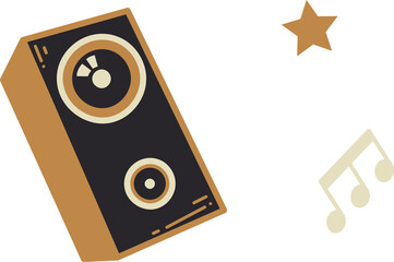 Stylized illustration is featuring speaker with gold star and beige music-note on clear background
