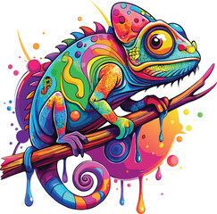 Vibrant chameleon on branch with colorful paint splashes