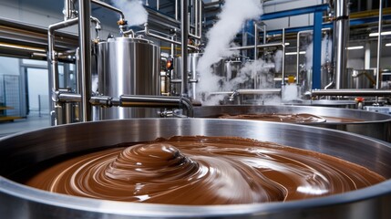 Modern Stainless Steel Vats for Chocolate Processing in a Contemporary Production Facility