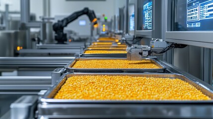 Fototapeta premium Stainless Steel Processing Line with Trays for Food Manufacturing and Automation in Factory