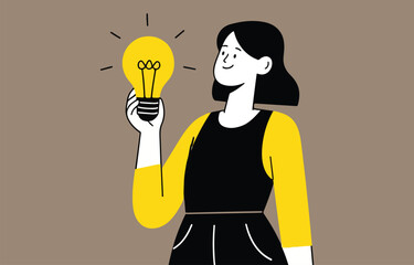 Woman holding a light bulb idea concept illustration