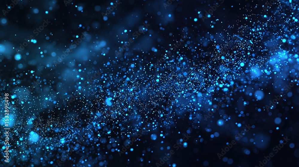 Poster dark blue abstract background with floating neon particles and bokeh