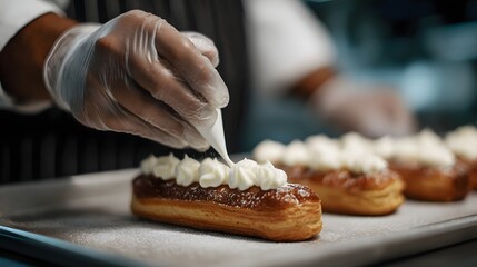 A pastry chef delicately piping cream onto clairs with focused hands