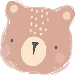 Presenting flat pastel bear head with snout, ears, dotted forehead, rosy cheeks, clear background