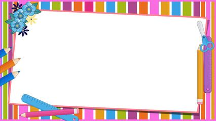 Flat design frame showing slate with pencils and scissors on transparent background, copy space
