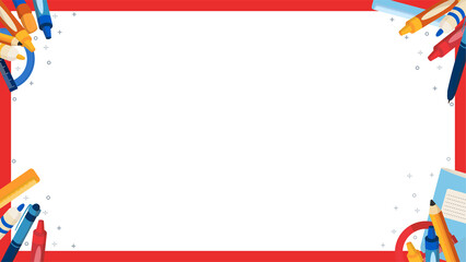 Stationery frame is featuring school supplies in flat design on transparent background, copy space