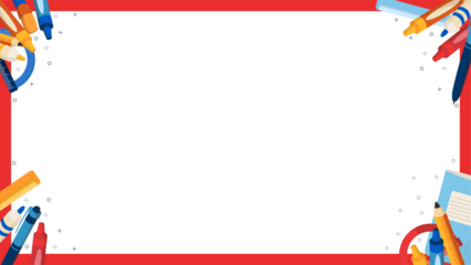 Stationery frame is featuring school supplies in flat design on transparent background, copy space