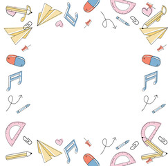 Border is forming from colorful hand-drawn stationery doodles on transparent background, copy space