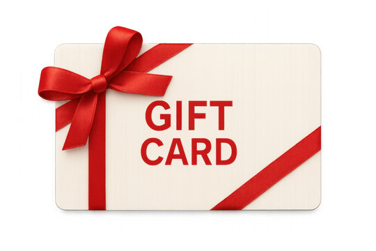 Gift card with red ribbon and bow isolated on transparent background.