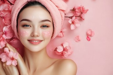 Radiant beauty showcasing healthy skin care routine with floral accents and a cheerful smile in a serene setting