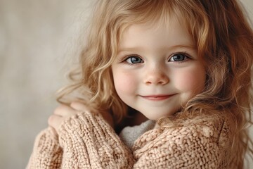 Cute little child girl with curly hair smiling warmly, embracing cozy knitwear indoors on a soft textured background during a calm afternoon