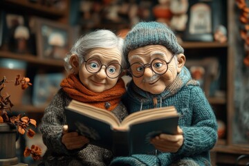 Happy old couple enjoying togetherness while reading a book indoors in a cozy setting with warm colors and nostalgic decor