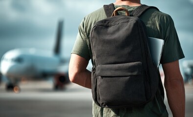 Student with backpack and laptop walking on airport runway towards airplane, ready for boarding and travel