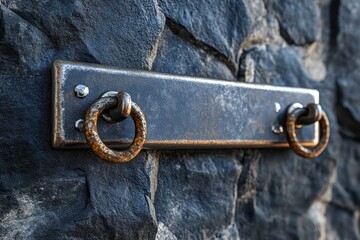 Realistic depiction of a sturdy steel wall hanger mounted on a textured stone wall, showcasing its functionality and industrial aesthetic