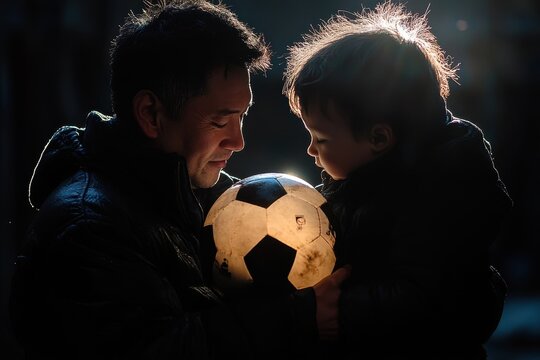 Father and young child share a special moment while holding a soccer ball during a quiet evening outdoors in soft light