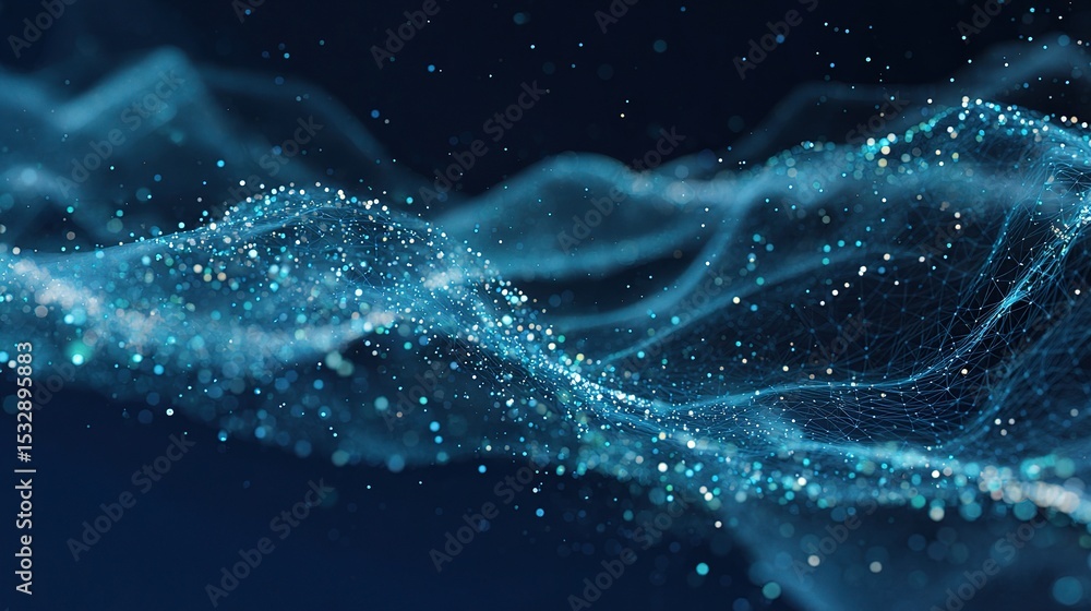 Poster blue polygonal waves with particle trails on dark background