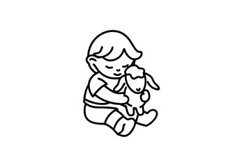Sleeping Boy Holding Stuffed Lamb, Childs Sweet Dream, Line Art Illustration