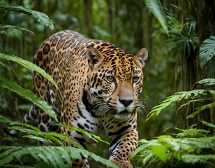 Obraz premium A majestic jaguar with green eyes walking through a lush tropical jungle.