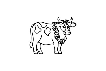 Adorable line-art cow with floral garland farm animal illustration