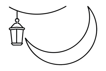 Ramadan lantern hanging crescent moon line art illustration