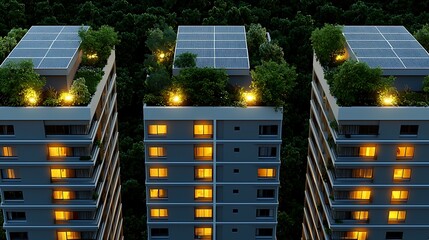 Flat Art of Modern High-Rise Apartments with Rooftop Gardens and Solar Panels surrounded by forest, promoting green energy and sustainable urban living at night.