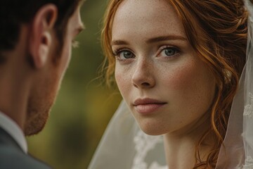 Bride Gazing Towards Groom, Freckled Face, Red Hair, Wedding Veil, Close Up, Romantic, Love, Portrait