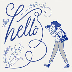 Hello photographer girl walking with camera and floral design elements