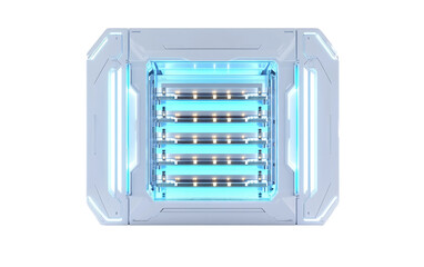 White futuristic server rack array glowing with blue lights in a high tech setting isolated on transparent background PNG