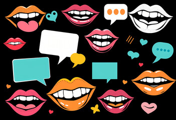 Trendy Pop Art Mouths and Colorful Speech Bubbles in Retro Comic Style Collage on Black