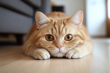 Orange Tabby Cat Resting on Wooden Floor, Closeup Portrait with Big Eyes, Indoors, Natural Light