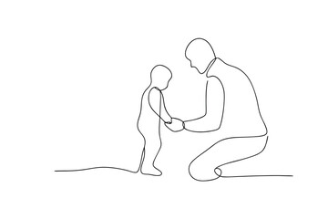 Father helping toddler take first steps line-art illustration
