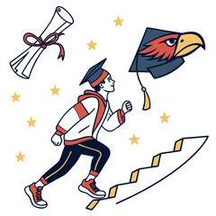 Fototapeta premium Graduate student running up stairs towards success future