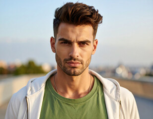 Portrait of an attractive sporty young man with short brown hair, dark eyes, olive green t-shirt and casual white jacket