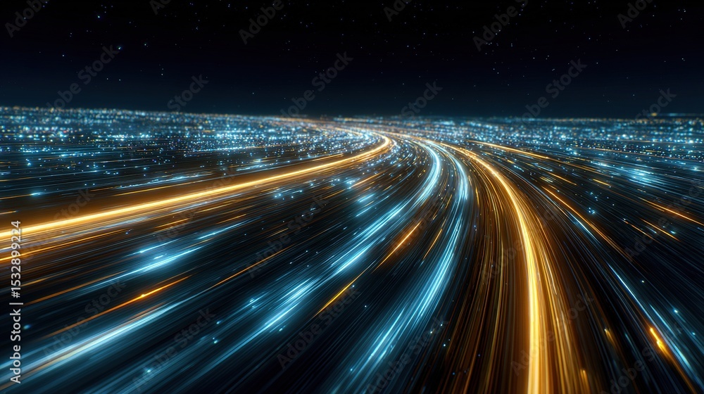 Poster futuristic data highway with multiple lanes of fast streams