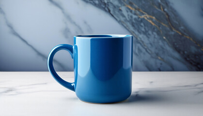 A vibrant blue ceramic mug on a marble surface.