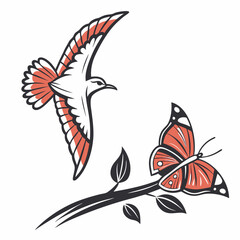 Bird in flight and butterfly on branch nature illustration