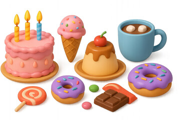 Various cakes and desserts (cupcakes, macarons, donuts) in vibrant colors and different shapes, isolated on transparent background.