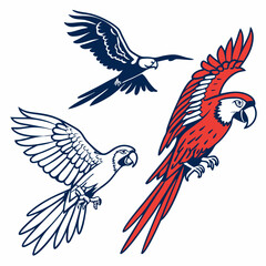 Three stylized parrots in flight red blue white design