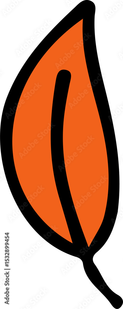 Poster flat vector orange leaf is showing vertically with black outline, midrib and transparent background
