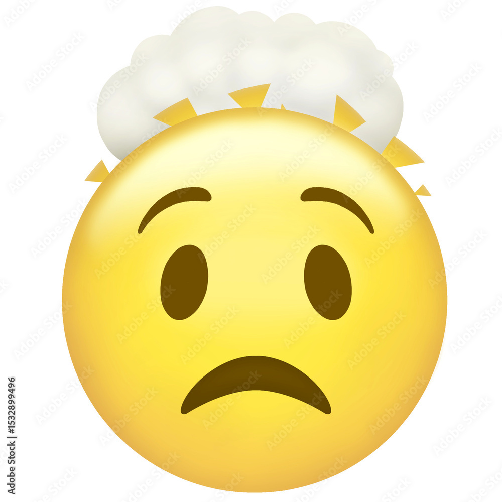 Aufkleber worried-looking yellow emoticon is floating on transparent background showing puffy cloud with rays