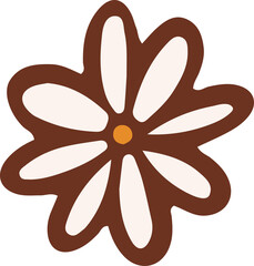 Flat daisy-like flower is floating, ivory petals, orange center, brown outline, clear background