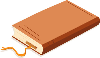 Orange hardcover book with ribbon bookmark is resting on transparent background, flat design