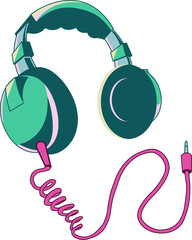 Flat design is showing over-ear headphones with teal accents, magenta cable, transparent background